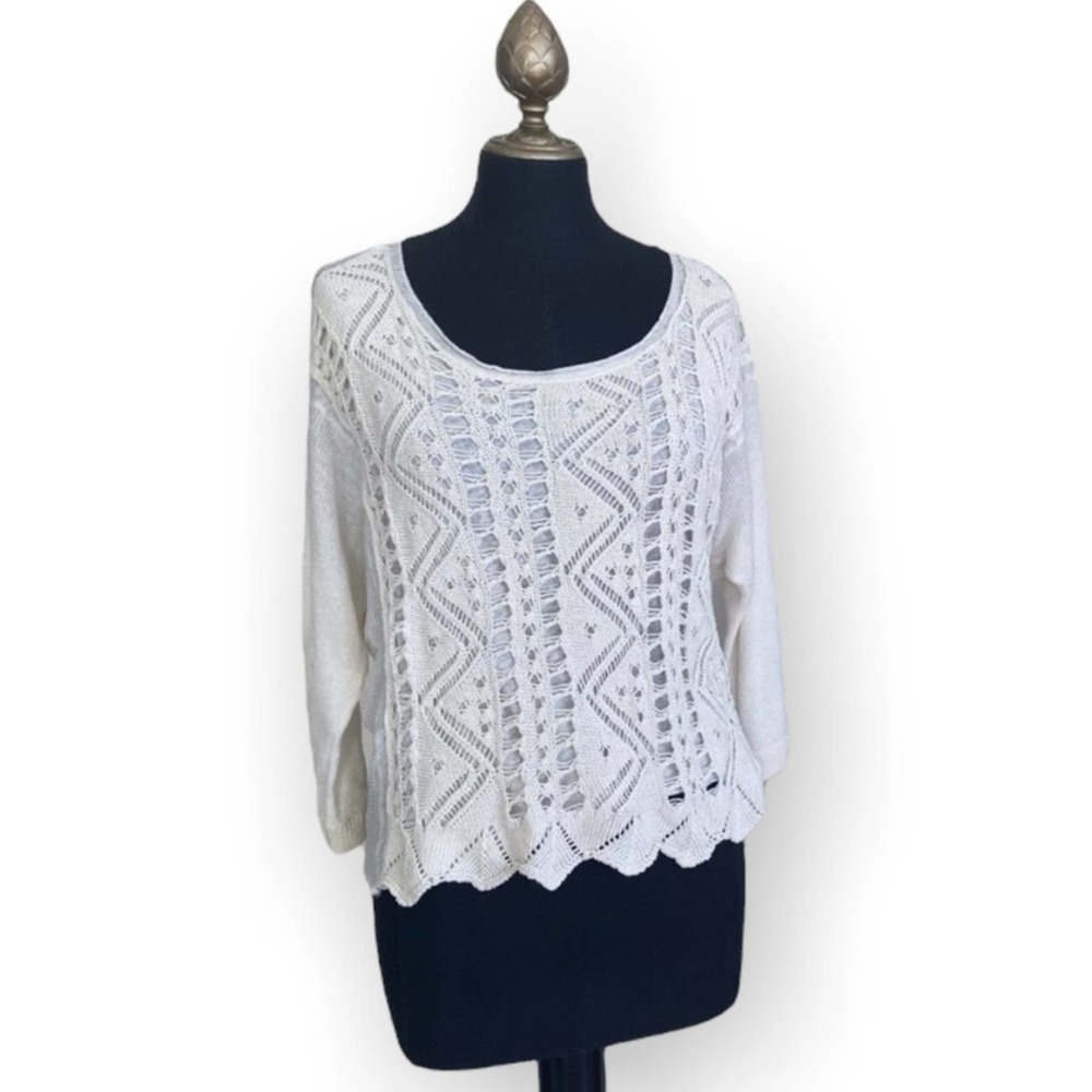 Anthropologie Moth Sweater Quarter Sleeve Lace Sweater Cream Size Small